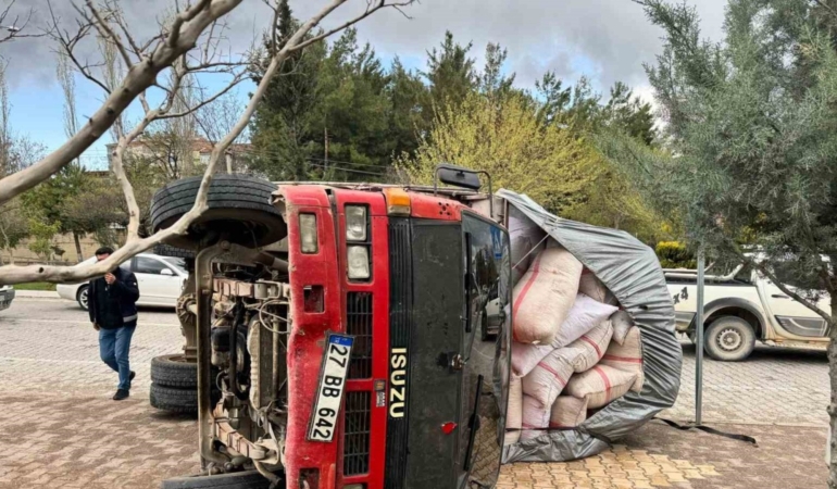 Fıstık kabuğu yüklü kamyon devrildi, yaralanan olmadı