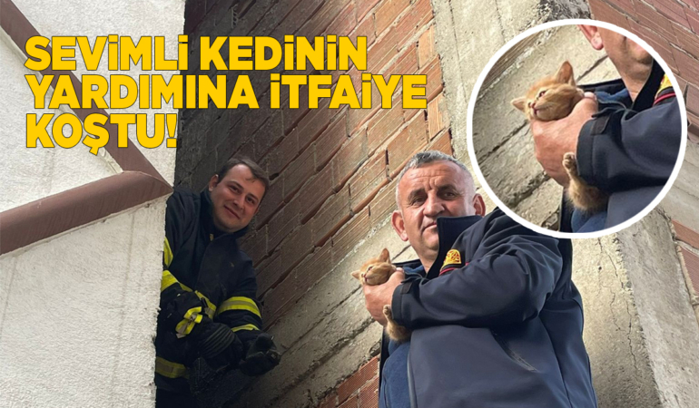 Sıkışan yavru kediye itfaiyeden yardım eli