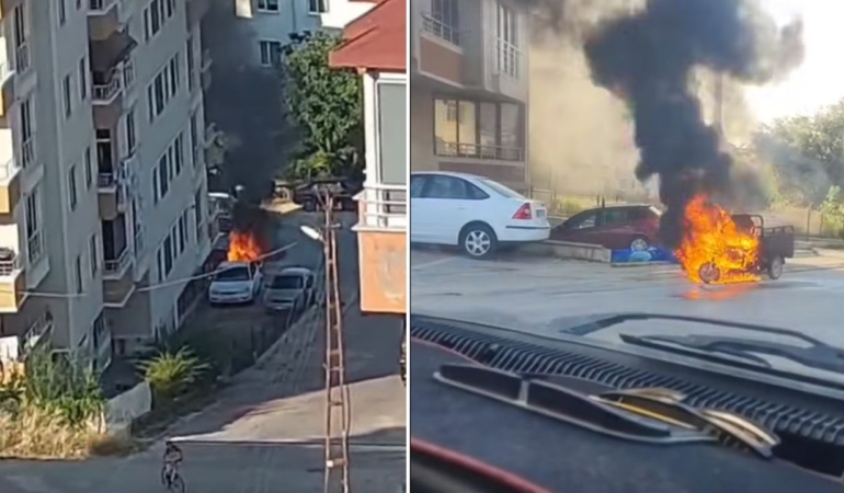 Üç tekerli motosiklet alev aldı