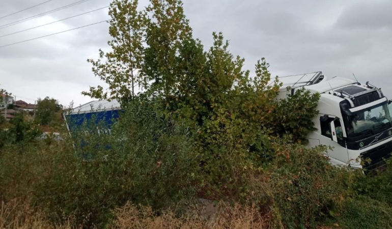 Yoldan çıkan tır şarampole girdi