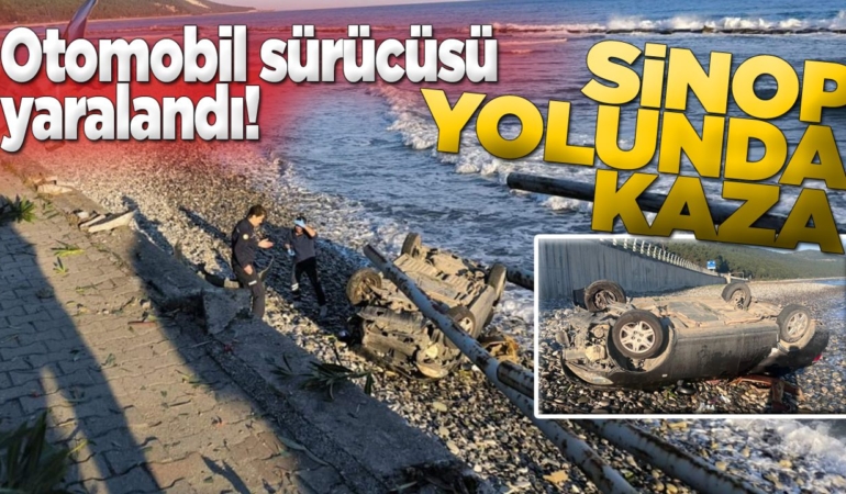 Otomobil deniz kenarına devrildi